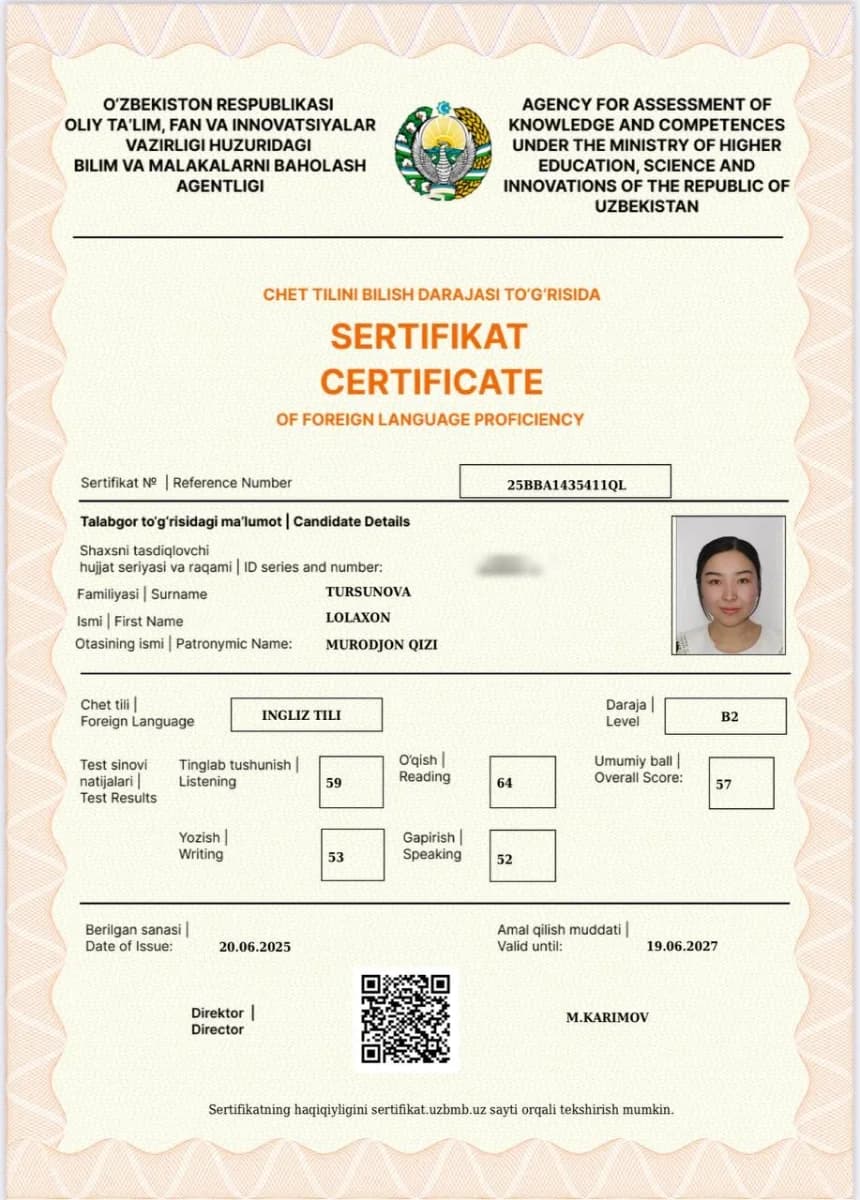 Lolaxon Tursunova — Ingliz tili — CEFR B2 57