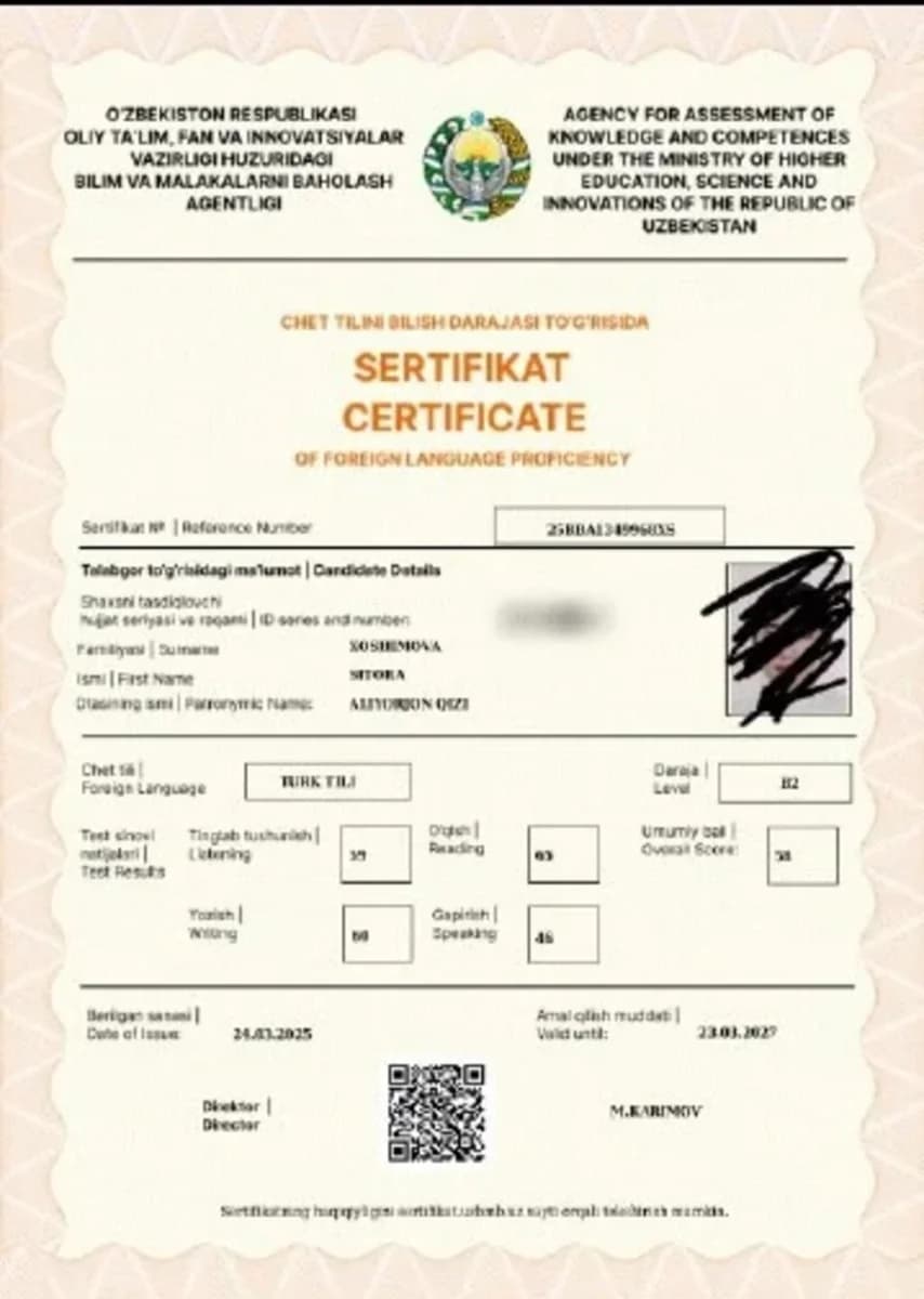 Sitora Xoshimova — Turk tili — CEFR B2 58