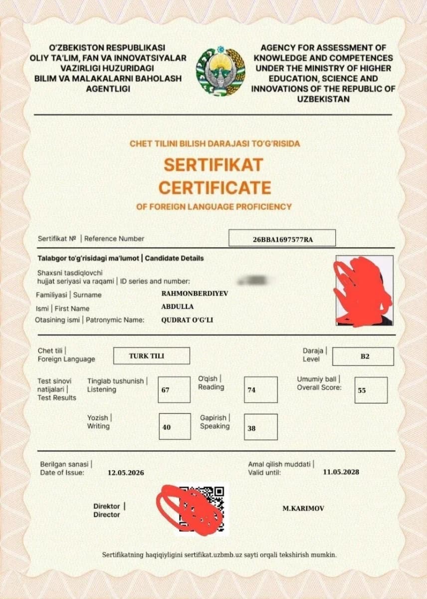Abdulla Rahmonberdiyev — Turk tili — CEFR B2 55