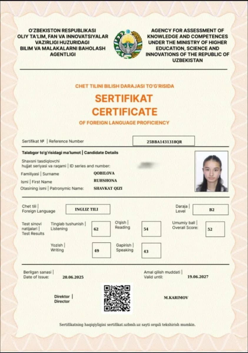 Ruhshona Qobilova — Ingliz tili — CEFR B2 52
