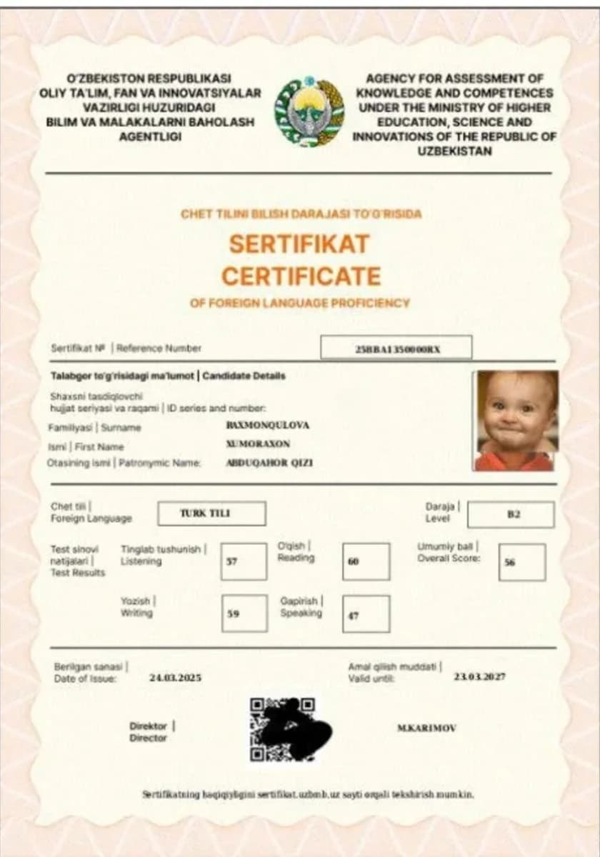 Sumoraxon Raxmonqulova — Turk tili — CEFR B2 56