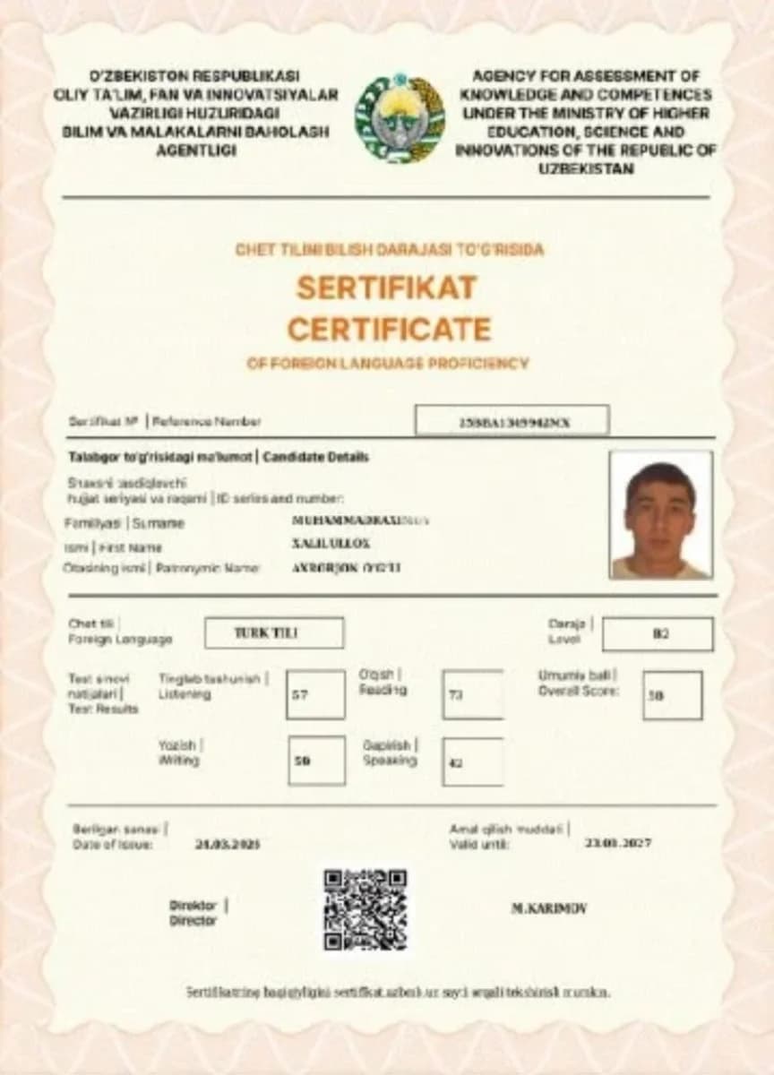 Xalilulloh Muhammadraximov — Turk tili — CEFR B2 58