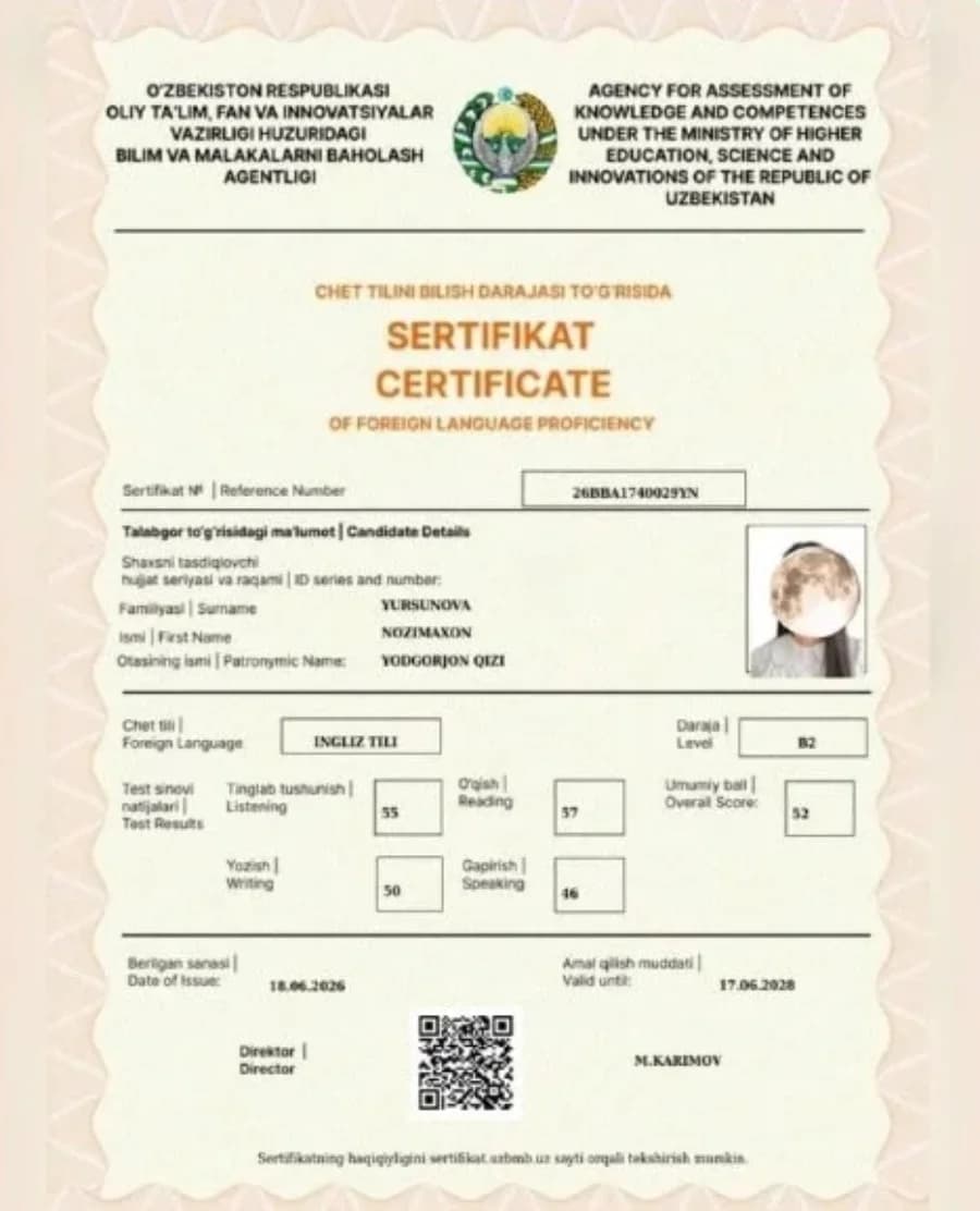 Nozimaxon Yursunova — Ingliz tili — CEFR B2 52