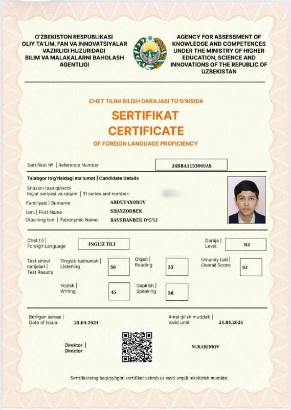 Shaxzodbek Abduvaxobov — Ingliz tili — CEFR B2 52