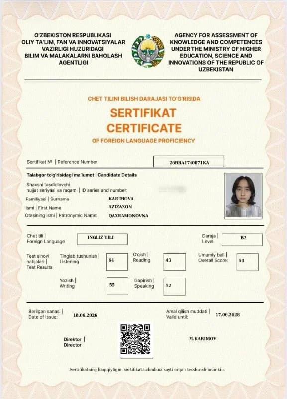 Azizaxon Karimova — Ingliz tili — CEFR B2 54