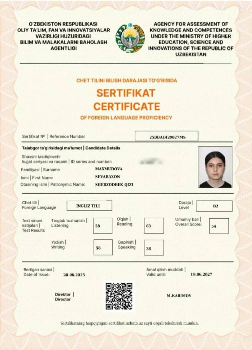 Sevaraxon Maxmudova — Ingliz tili — CEFR B2 54