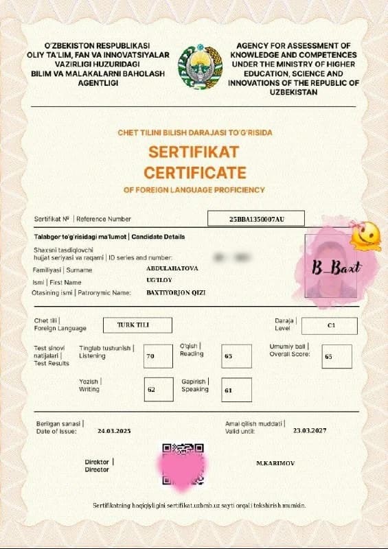 Ug'iloy Abdulahatova — Turk tili — CEFR C1 65